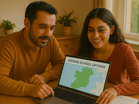 Man and woman smiling at a laptop displaying "Browse School Options." They sit in a bright room with plants on the table.