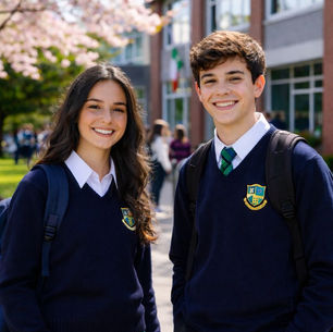 Two students outside an Irish secondary school in spring