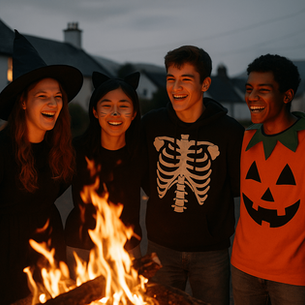 International high school students celebrating Halloween in Ireland around a bonfire, smiling in costumes in a small Irish village.