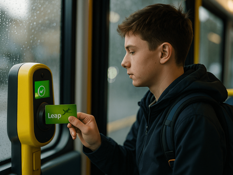 Exchange student in Ireland validating Leap Card on Irish bus.