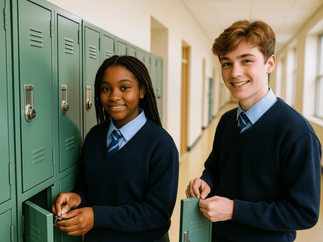 Two secondary school students in Irish uniforms smiling and opening lockers in a bright school corridor, part of a high school abroad programme in Ireland.