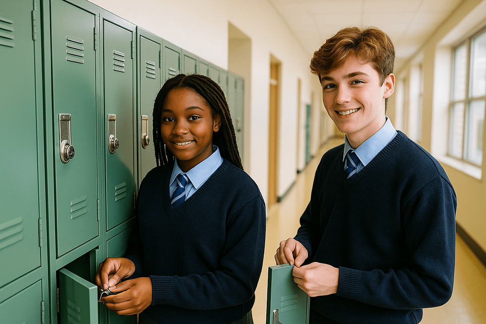 Two secondary school students in Irish uniforms smiling and opening lockers in a bright school corridor, part of a high school abroad programme in Ireland.