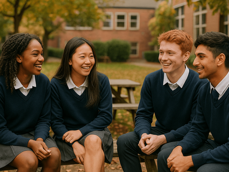 A diverse group of international students in Ireland sit in the school gardens smiling and chatting
