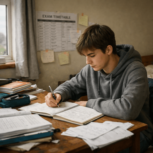 Teen exchange student studying in Ireland with exam timetable on bedroom wall during Leaving Cert revision
