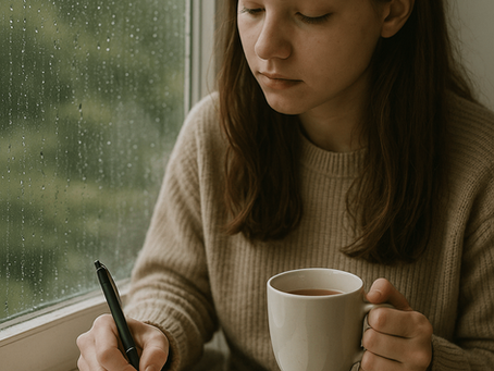 Student journalling with tea on a rainy day in Ireland, reflecting on their exchange experience.