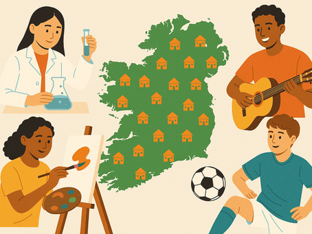People engaging in science, painting, music, and soccer, set against a map with houses. Bright colors convey creativity and teamwork.