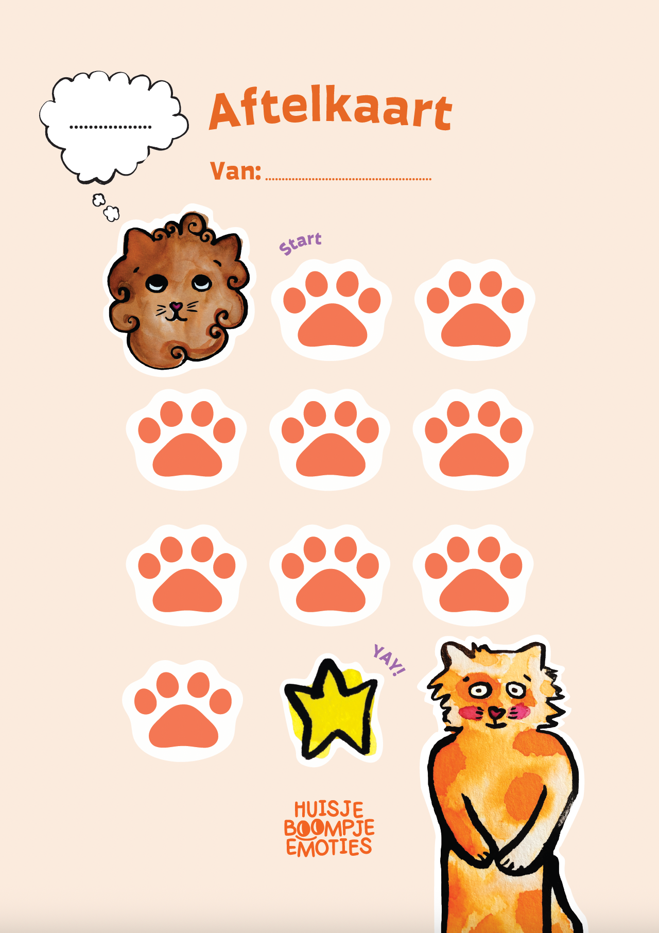 Eerste pagina van de aftelkaart met katten van Huisje Boompje Emoties voor kinderen