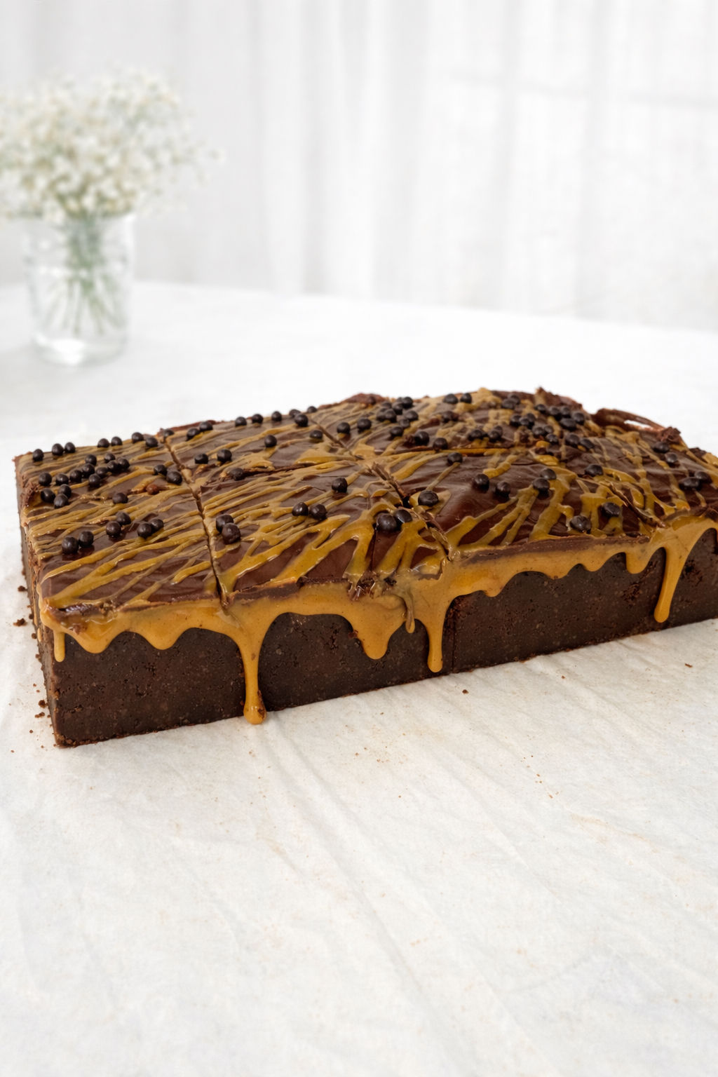 Gluteenivaba ja laktoosivaba karamelli-šokolaadi brownie rikkaliku šokolaadimaitse ja pehme tekstuuriga.