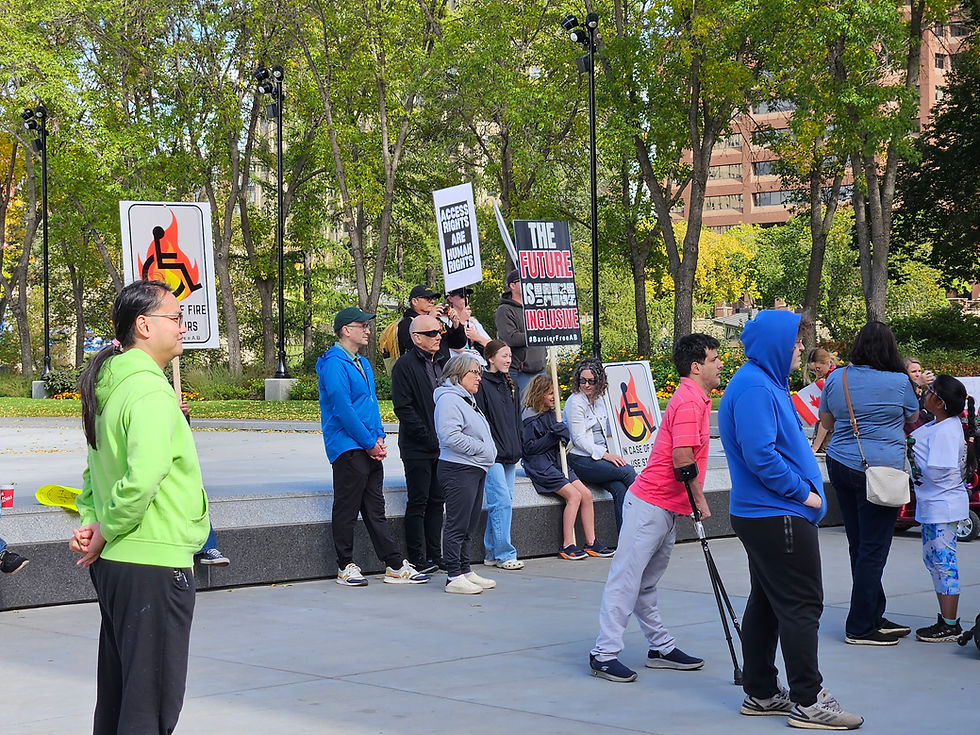 A group of people standing outdoors and holding signs that say the future is inclusive, access rights are human rights.