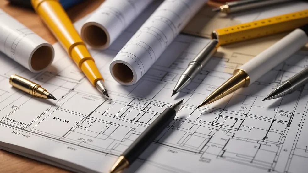 Close-up view of building plans and drafting tools