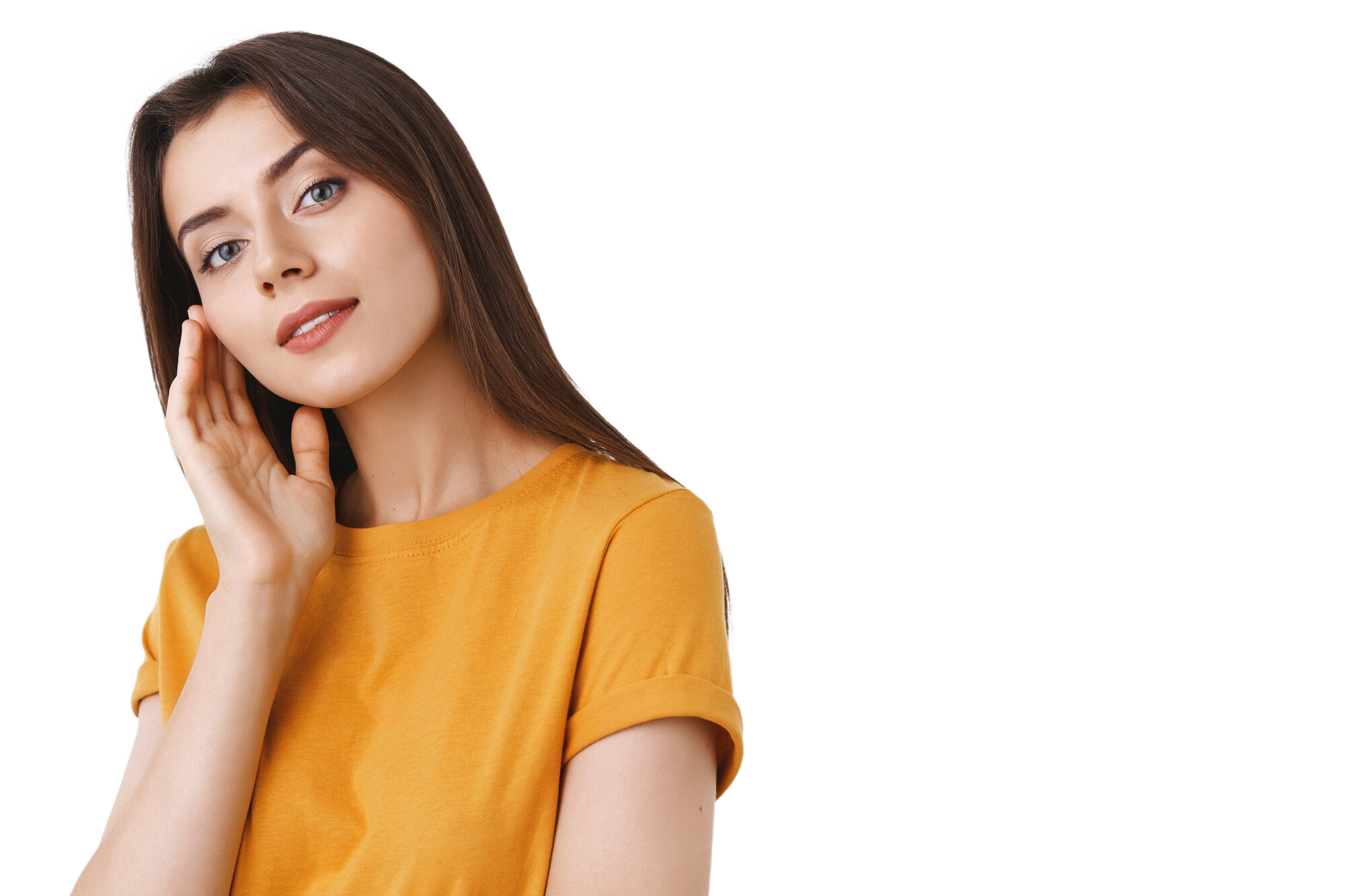 attractive-confident-glamour-brunette-woman-yellow-t-shirt-touching-perfect-face-without-b