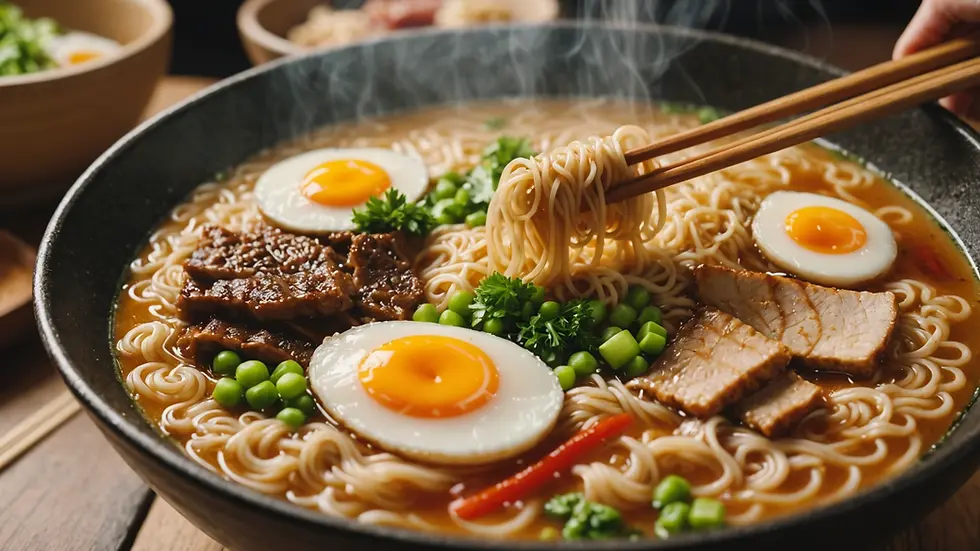 Close-up view of a steaming bowl of ramen in a cozy shop