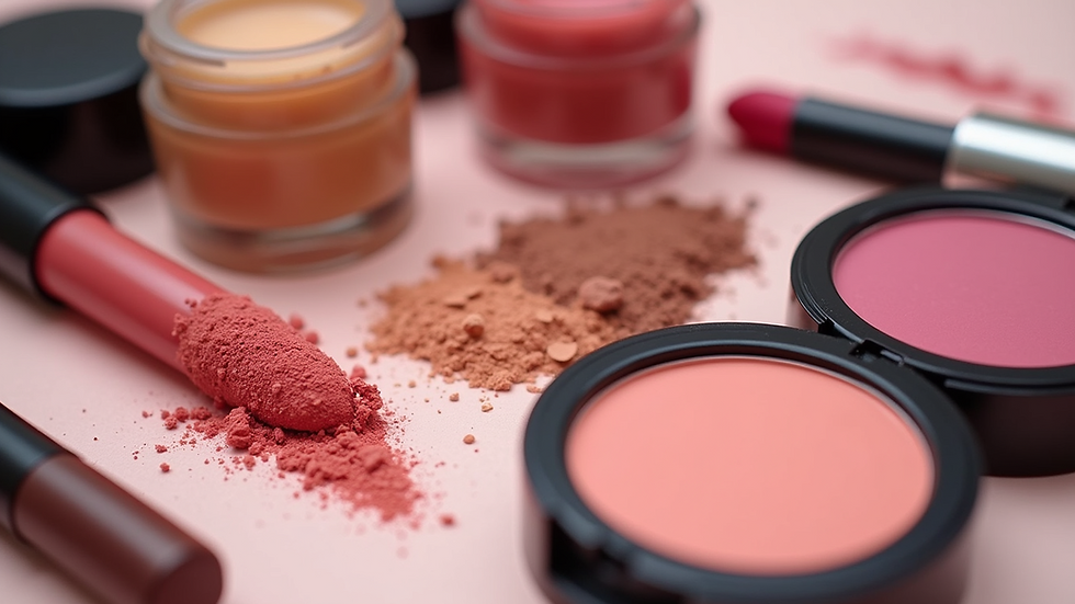 Eye-level view of a curated arrangement of colorful makeup products