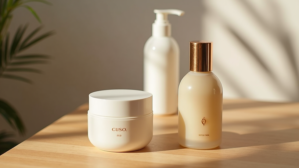 High angle view of a selection of soothing skincare products on a wooden table
