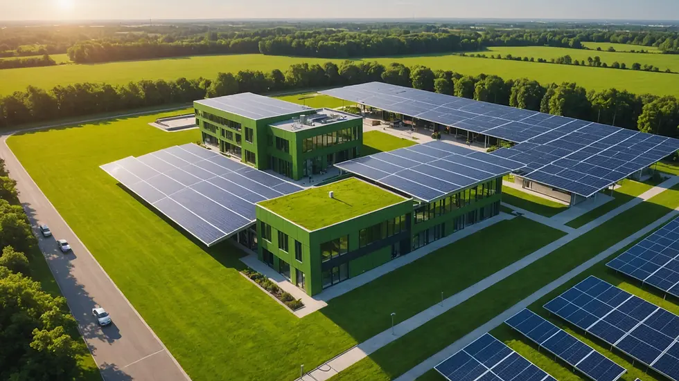 Eye-level view of a green building featuring solar panels