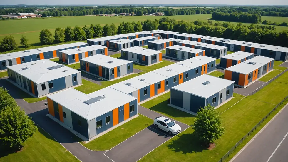 Wide angle view of a modular housing site in progress