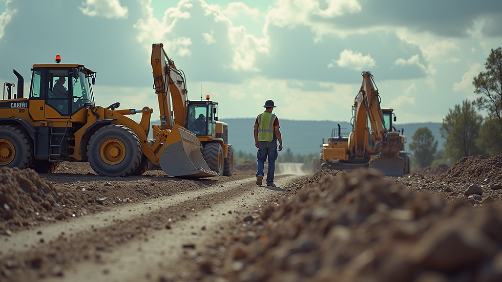 Eye-level view of a construction site with workers and machinery