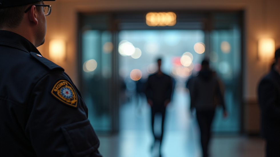 Eye-level view of security guard monitoring event entrance