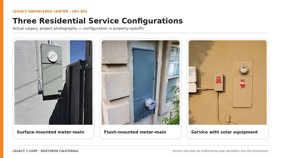 Examples of completed Legacy 1 Corp residential electrical service configurations in Northern California.