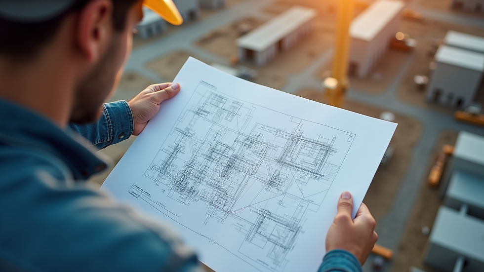 High angle view of a project manager reviewing construction plans on site