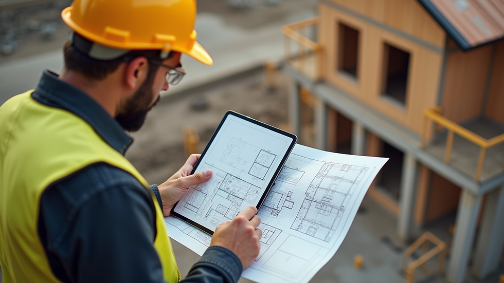 High angle view of a construction manager reviewing plans on a tablet at a Northern California site