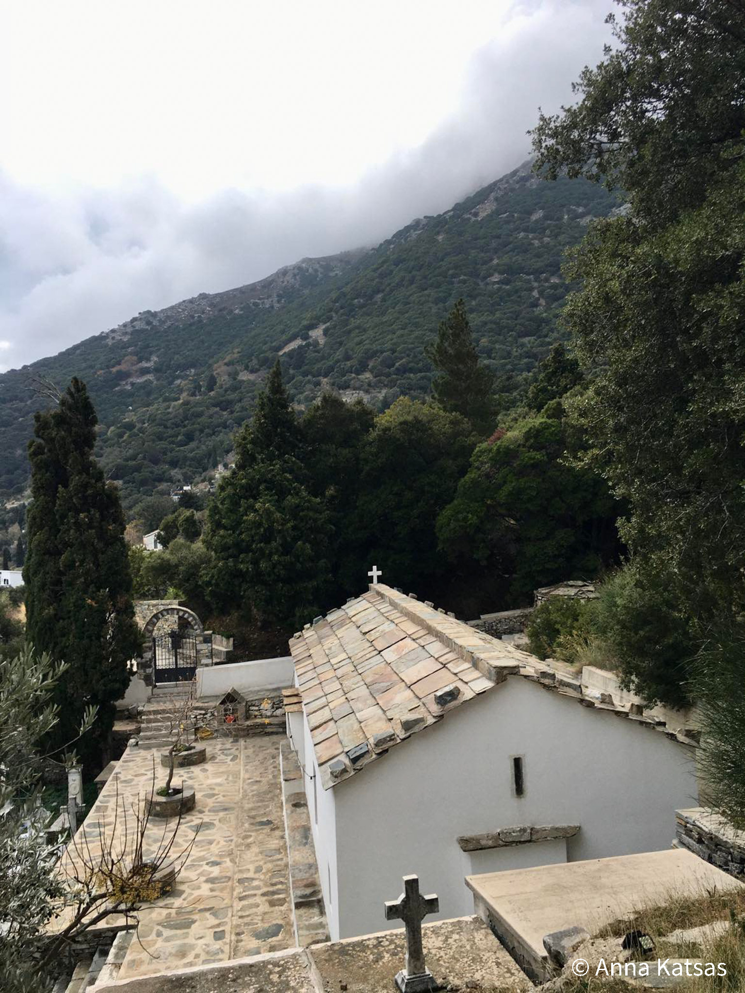 White Church Ikaria Greece Mountains Trees