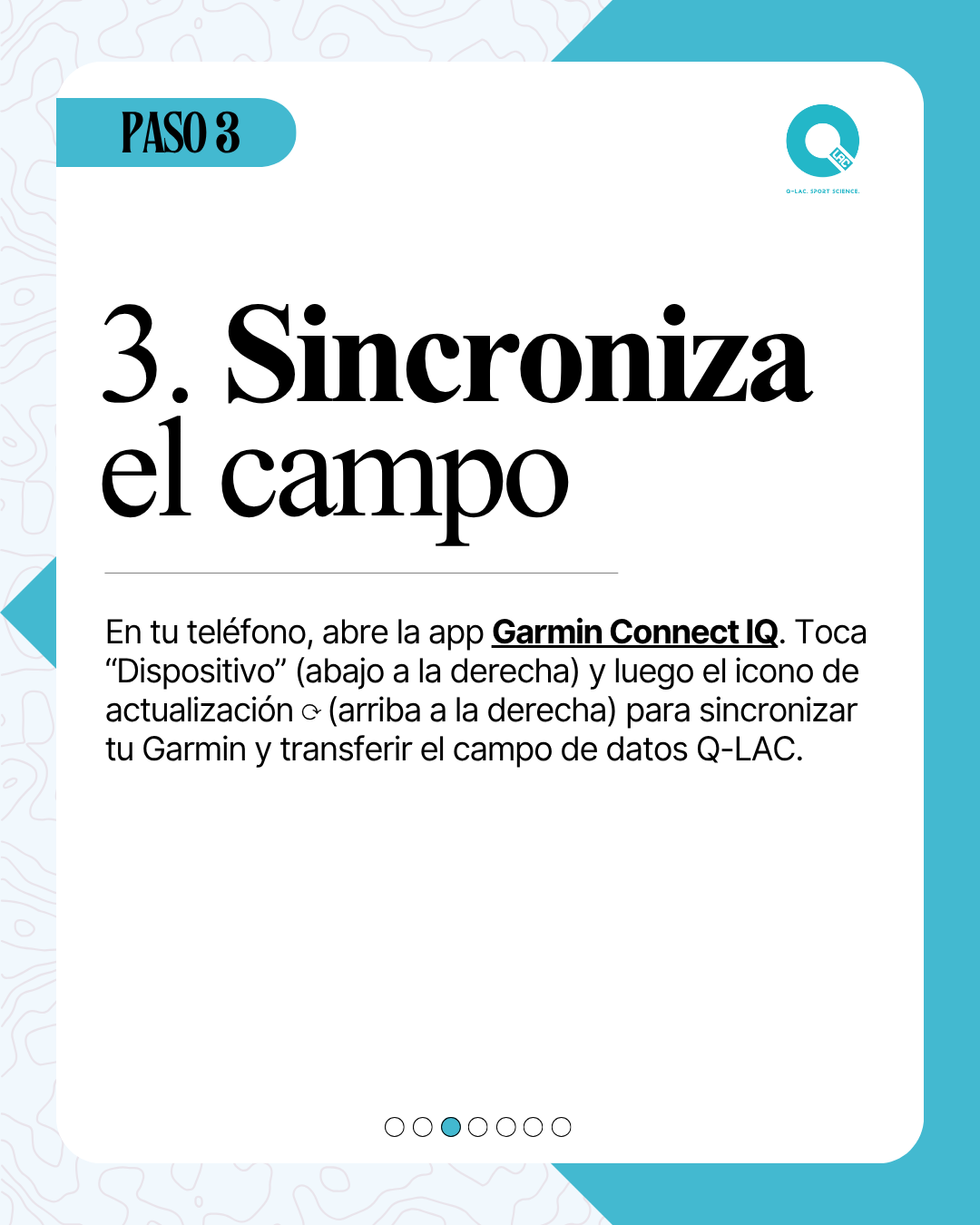 Instrucciones paso 3 Q-LAC: sincroniza tu dispositivo Garmin con la app Connect IQ.