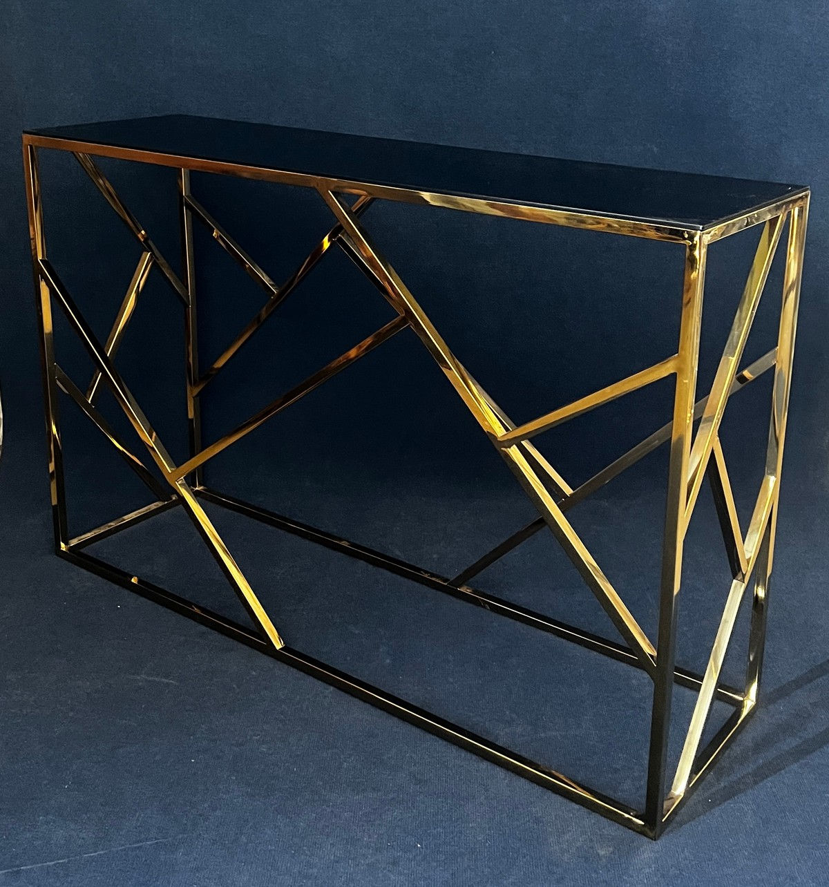 Console design in metallo dorato e top in vetro nero - Italia anni '90