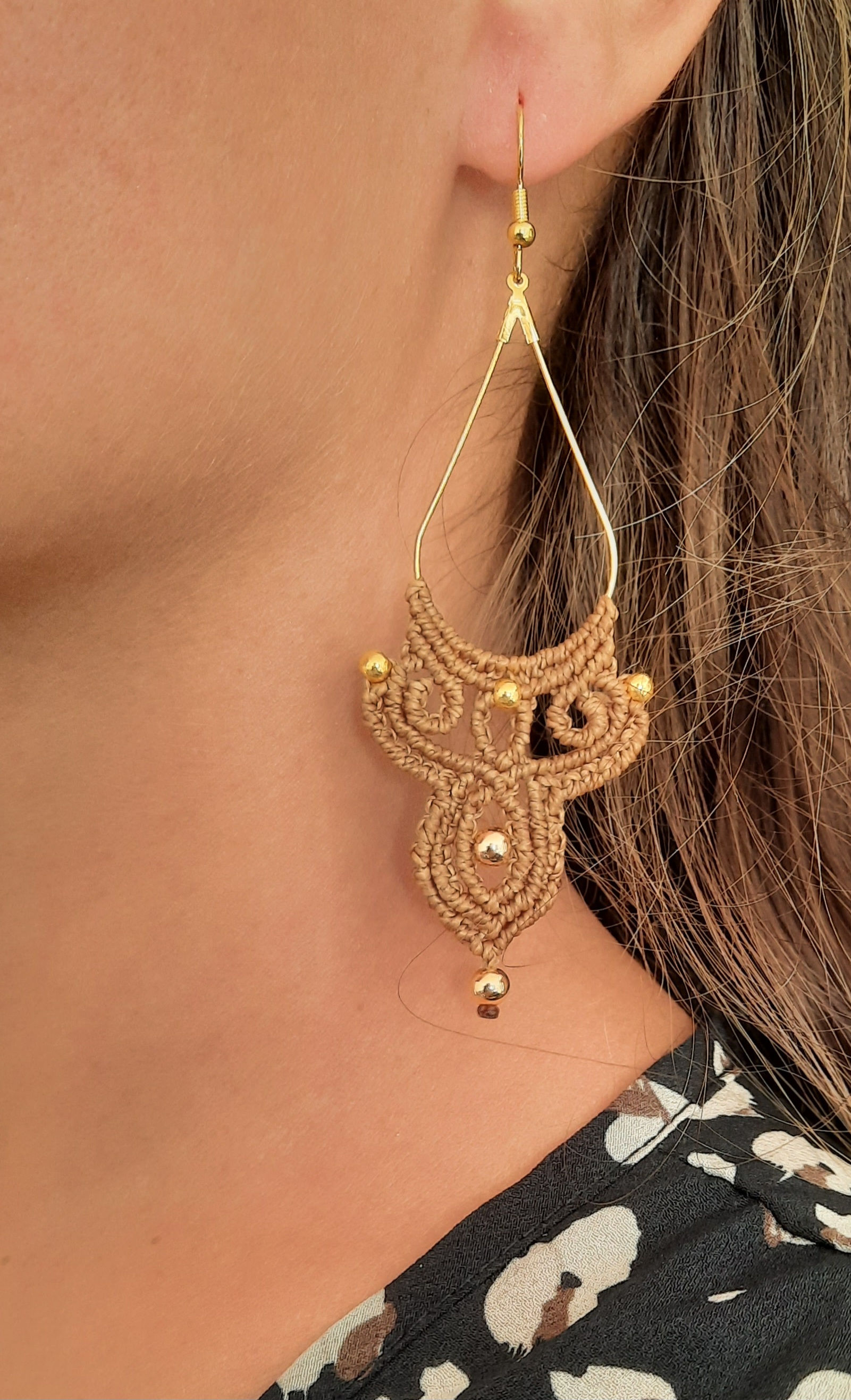 Boucles oreilles micro-macramé Chouettes : boucles d'oreilles montées sur crochets d'oreilles et formes goutte en acier inoxd