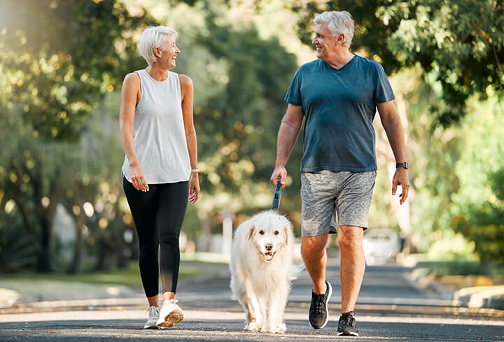 Older man and woman walking their dog