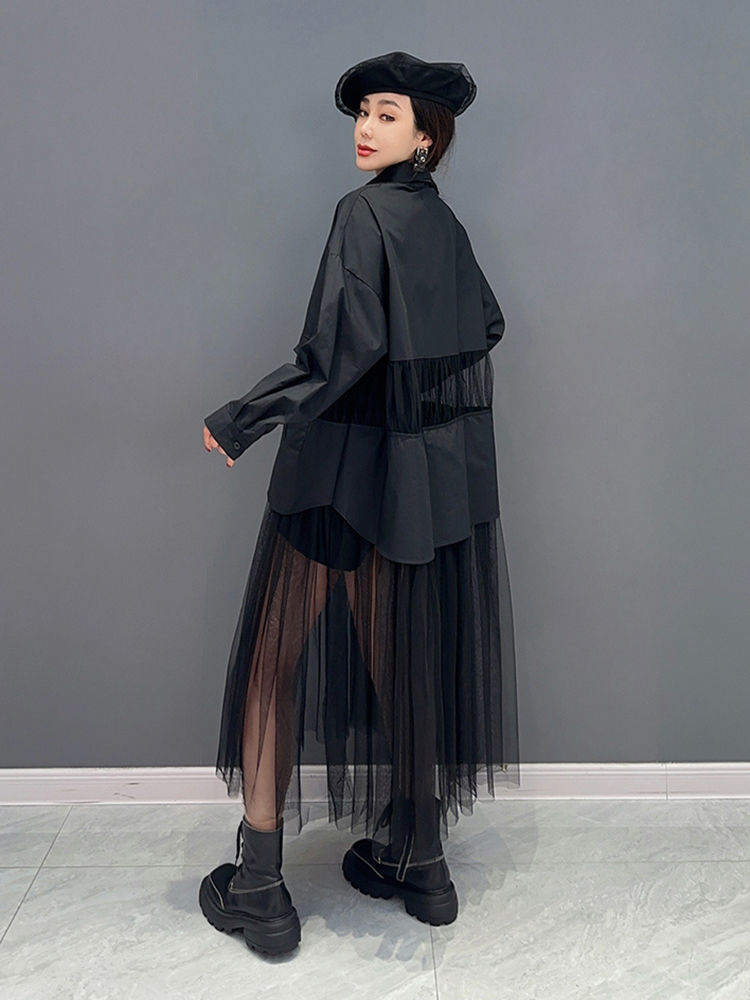 Thumbnail: SHENGPALAE Fashion Mesh Spliced Shirt Dress for Women