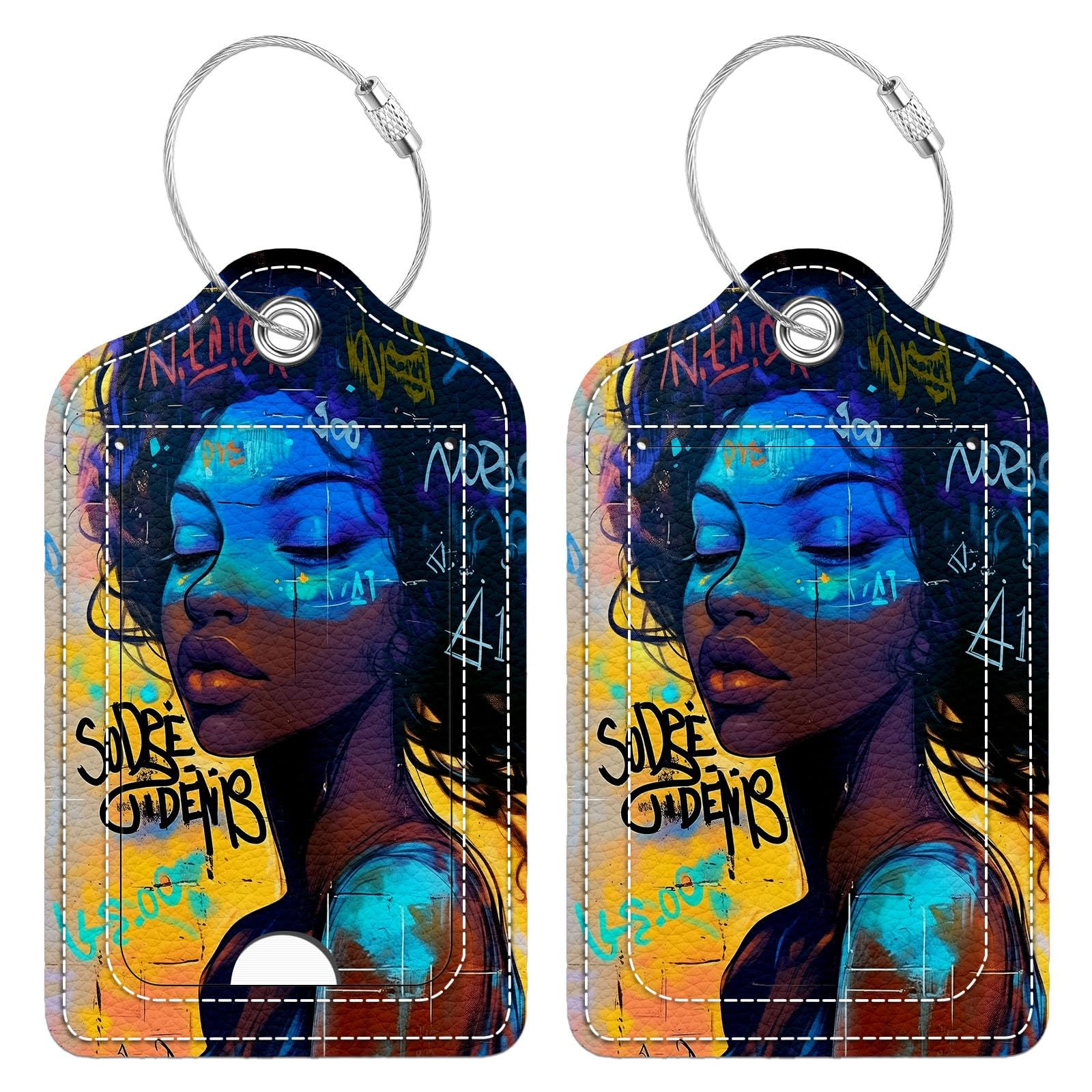Bvkilrvc 2 Pcs Luggage Tag for Suitcase Black Girl Graffiti Unique Leather Suitc