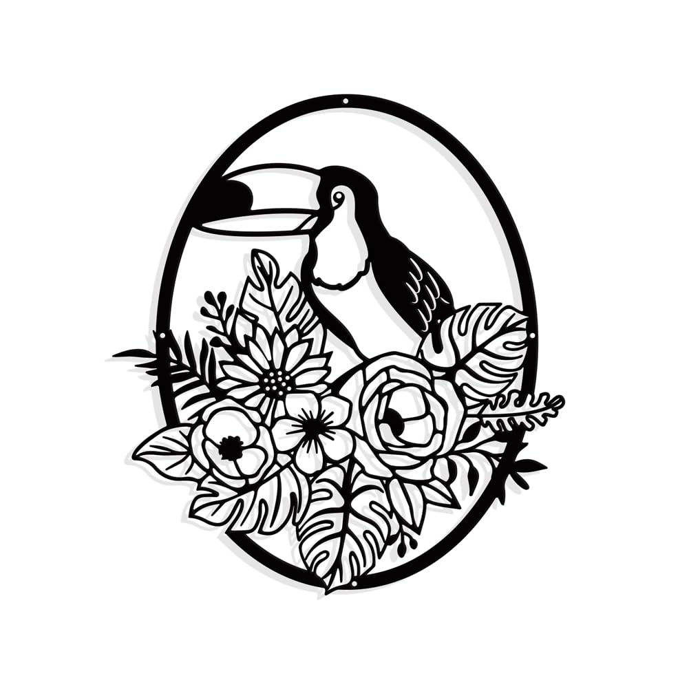 NBEADS Tropical Plants Bird Metal Wall Art Decor Oval Matte Black Wall Hanging D