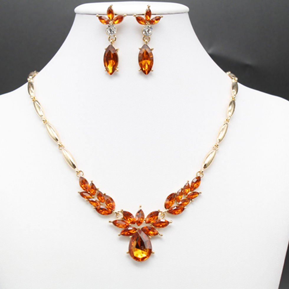 Thumbnail: Bridal Necklace and Earring Jewelry Set with Gems