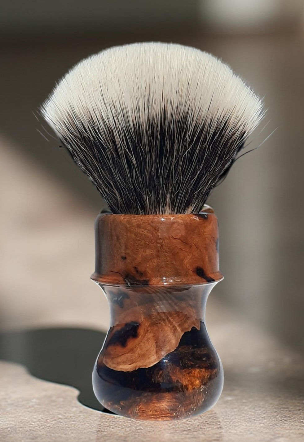 Australian Brown Mallee burl/caramel amber resin shaving brush, 26mm G5C.