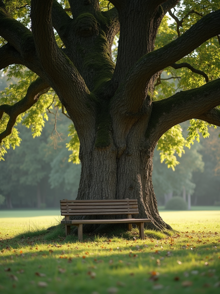 A quiet wooden bench resting under the shade of a large oak tree symbolizing stability.