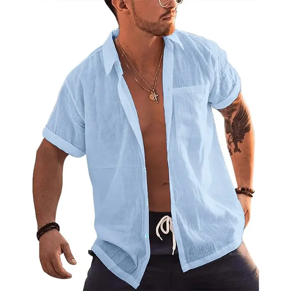 Thumbnail: Mens Short Sleeve Button Up Shirts Linen Cotton Beach Tops Turn Down Collar