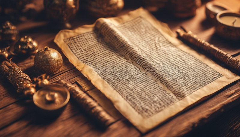 Open ancient text with ornate decorations, displayed on a wooden table.