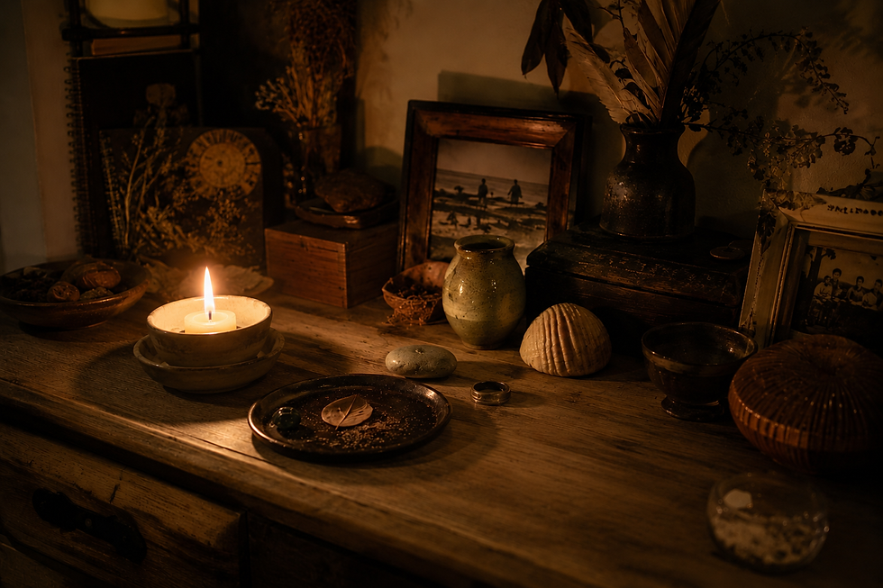 An intimate home altar illuminated by a single candle. Collected objects including shells, stones, photographs, bowls and treasured keepsakes gather on a wooden table, creating a deeply personal space of memory, reverence and belonging.