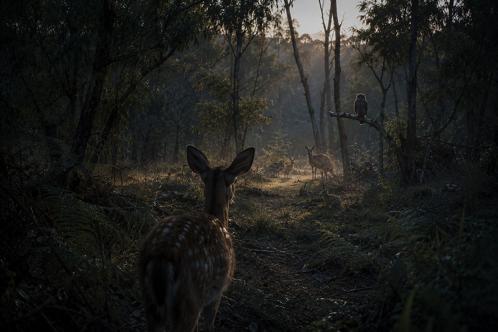 A young deer stands at the edge of a quiet forest clearing at twilight, looking towards a softly lit gathering of animals among tall trees and misty undergrowth in the Australian bush.