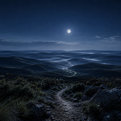 Moonlit Australian landscape beneath a Blue Moon, with a narrow pathway winding through rolling hills and mist-filled valleys towards a distant horizon. Layers of ridgelines fade into deep indigo shadows and silver-grey moonlight, creating a sense of possibility, perspective, and the invitation to step into what lies ahead.