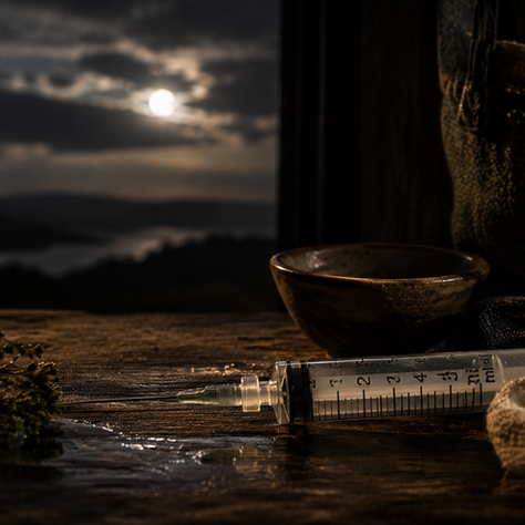 A syringe rests on a weathered wooden table beside folded cloth and a ceramic bowl, with a moonlit landscape visible beyond.