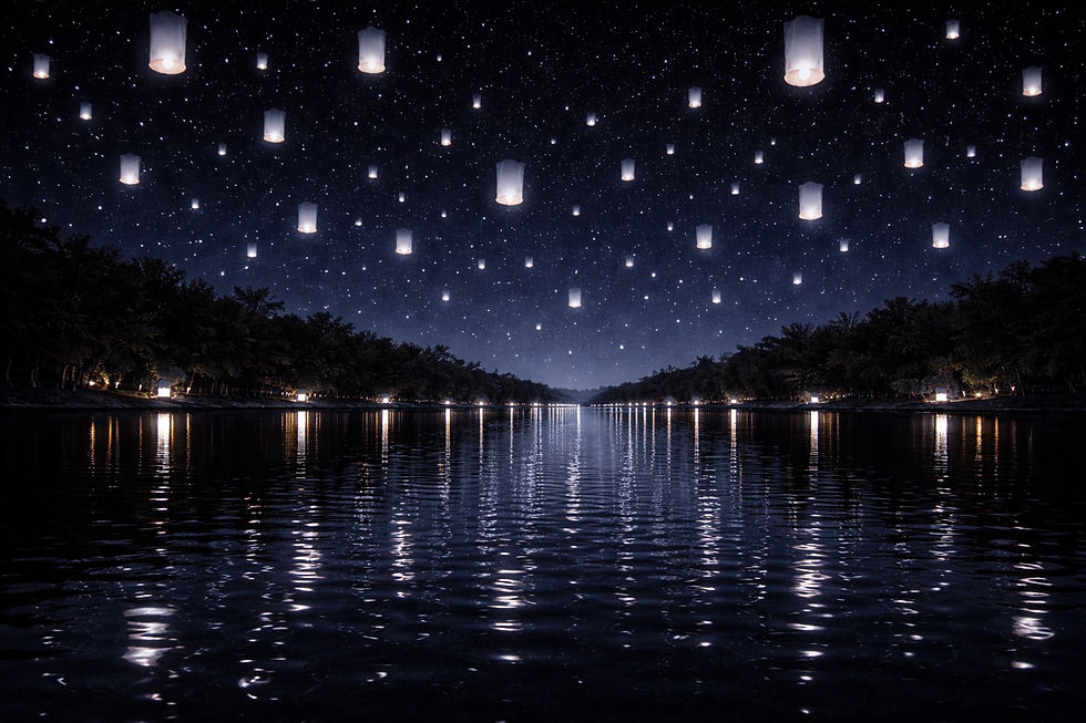 White paper lanterns floating above a calm lake at night, reflected in the water beneath a deep indigo sky filled with stars.