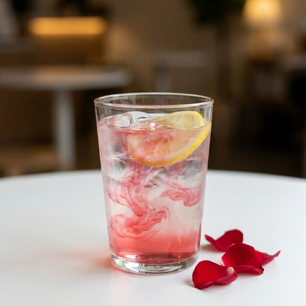 Erfrischende Rosenlimonade mit hausgemachtem Rosensirup, Zitrone und Eiswürfeln – sommerliches Getränk mit Rosenblüten.