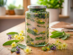 Evelyn Markt Kräuterkurs und Kräuterworkshop mit heimischen Heilpflanzen und Heilkräutern in Langkampfen, Bezirk Kufstein, Tirol, Österreich – frischer Spitzwegerich und Frühlingsblüten für natürlichen Hustensirup als Hausmittel gegen Husten English: