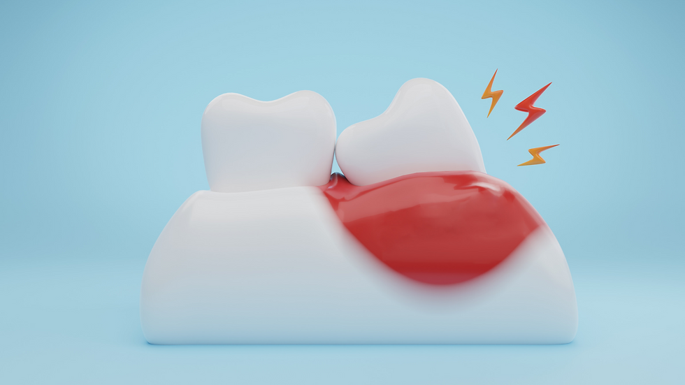 Close-up 3D illustration of a tooth with a red painful gum spot and lightning bolts on a light blue background
