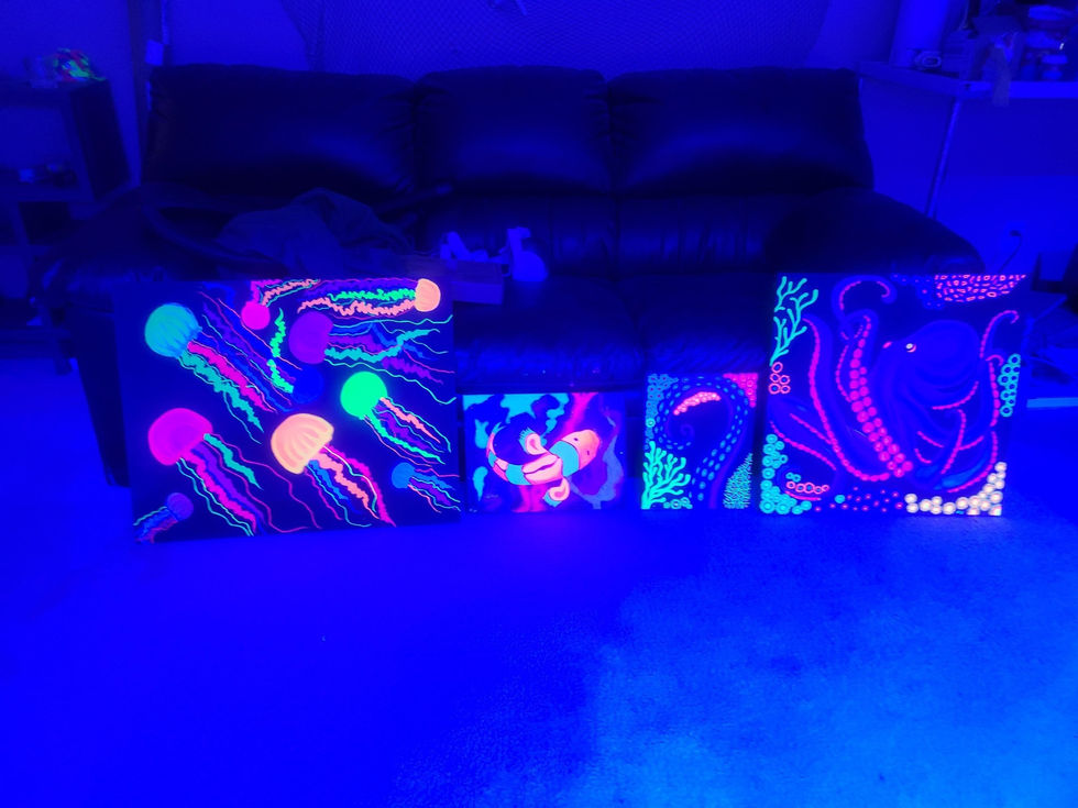 Some of my UV paintings in Kessil blue lighting