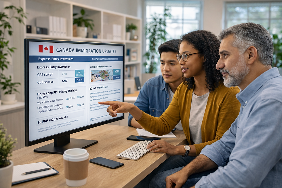 A diverse group of permanent‑residence applicants review Canada PR and Express Entry updates on a digital information board at an immigration help centre in Toronto.