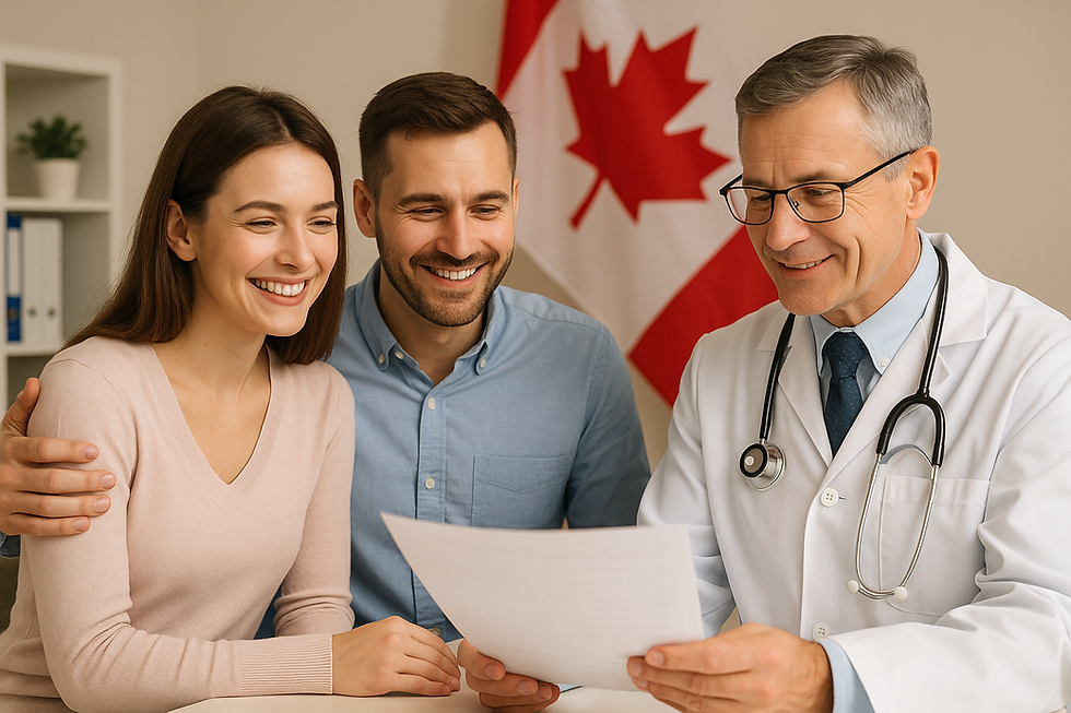 alt="Smiling couple consulting a doctor for Canadian spousal sponsorship medical exam, flag behind"
