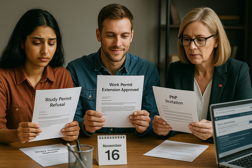 A realistic office photo on November 16: three newcomers sit around a wooden desk with an immigration consultant. One reads a document titled ‘Study Permit Refusal,’ another holds ‘Work Permit Extension Approved,’ and the third reviews a ‘PNP Invitation.’ A small desk calendar shows ‘November 16’ and a laptop with a generic government portal is open. Their candid expressions—concern, relief, and focused attention—reflect mid-November policy changes and mixed outcomes.”